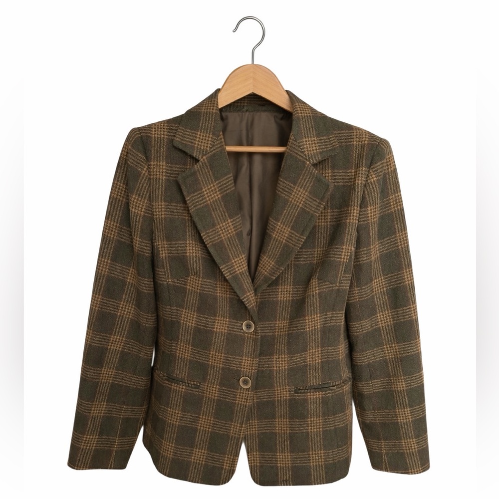Vintage Talbots Wool Blend Plaid Blazer Academia Equestrian Jacket Medium Olive